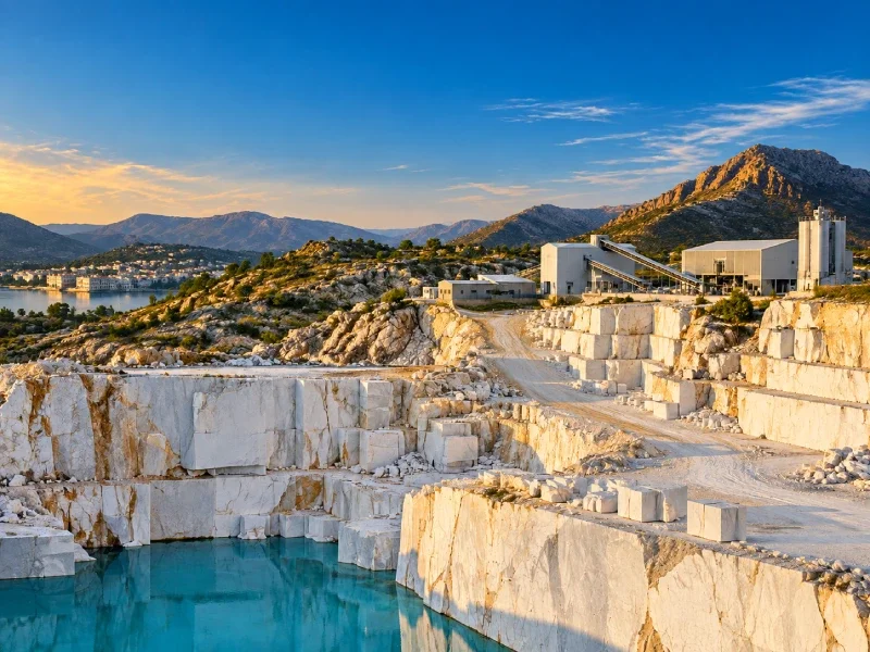Open-cut white mineral quarry with terraced stone faces