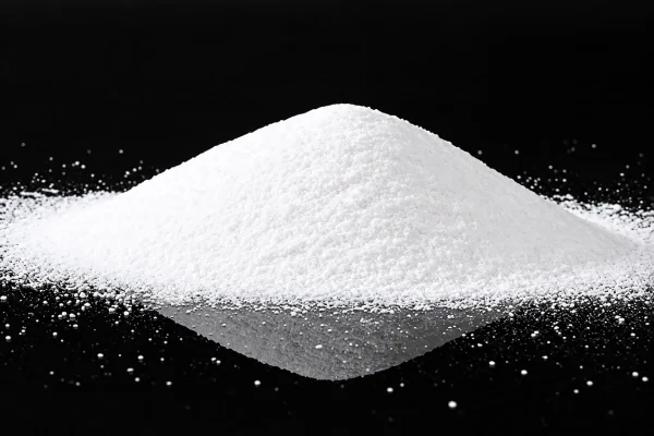 Fine white calcite powder heaped on a dark surface