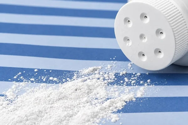 Soft white talc powder spilling from a container